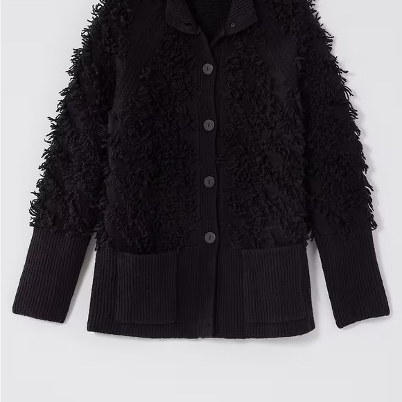 New J Jill Pure Jill Textured Fringe Button Cardigan Black LARGE Retail $139